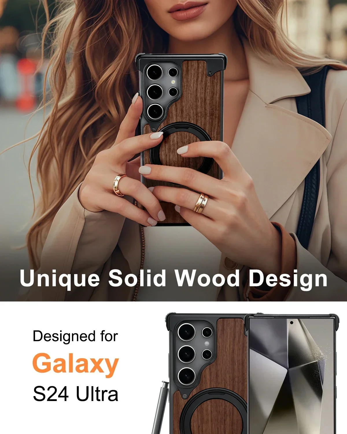 Oatsbasf Wood Magnetic Phone Case for Samsung Galaxy S24 Ultra w/ Magsafe Kickstand Frameless Bumper Drop-Proof Phone Back Cover