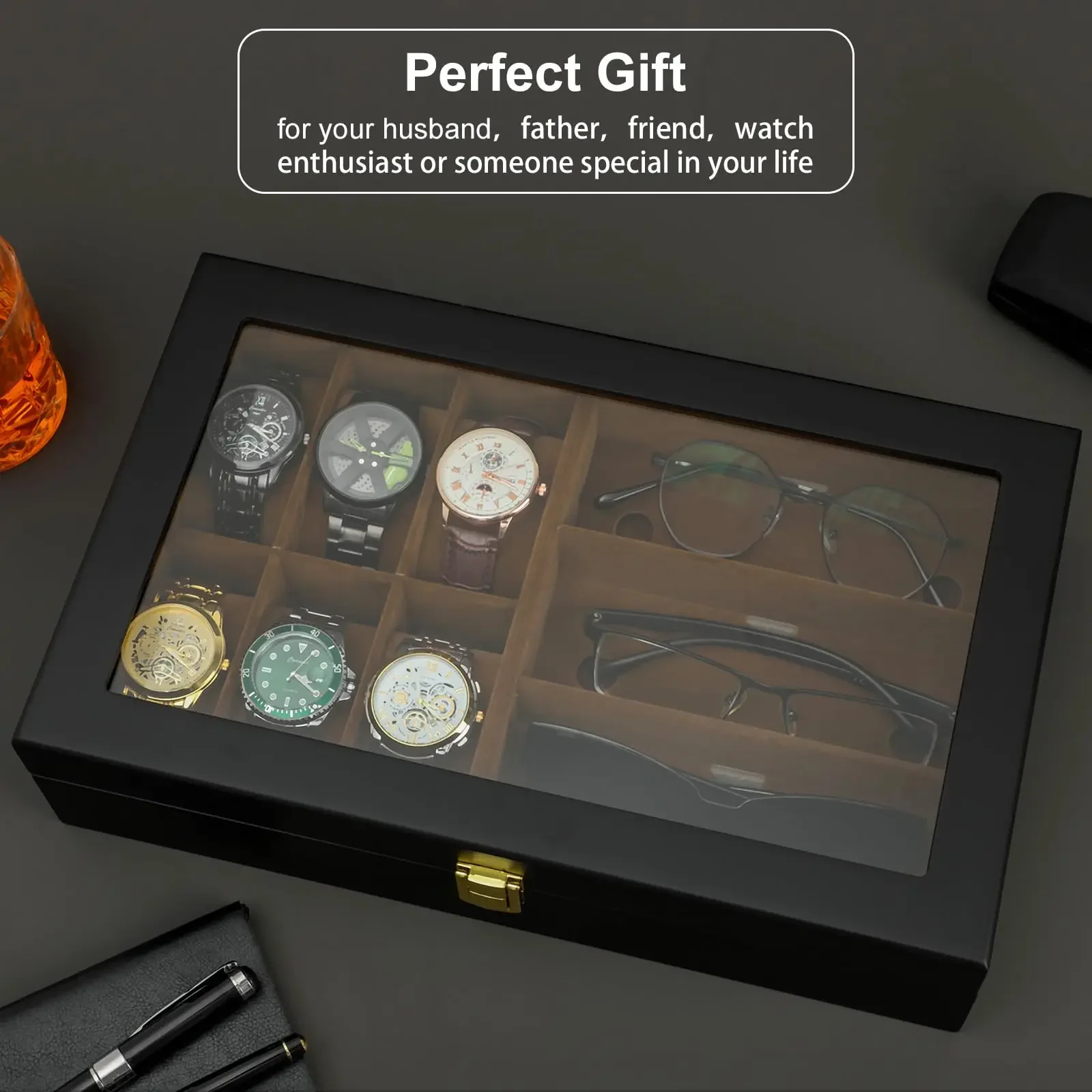 Watch Organizer Box,6 Watch 3 Slots Sunglasses Wooden Watch Organizer Box with Real Glass Top,Perfect Gifts for Family or Friend image 5