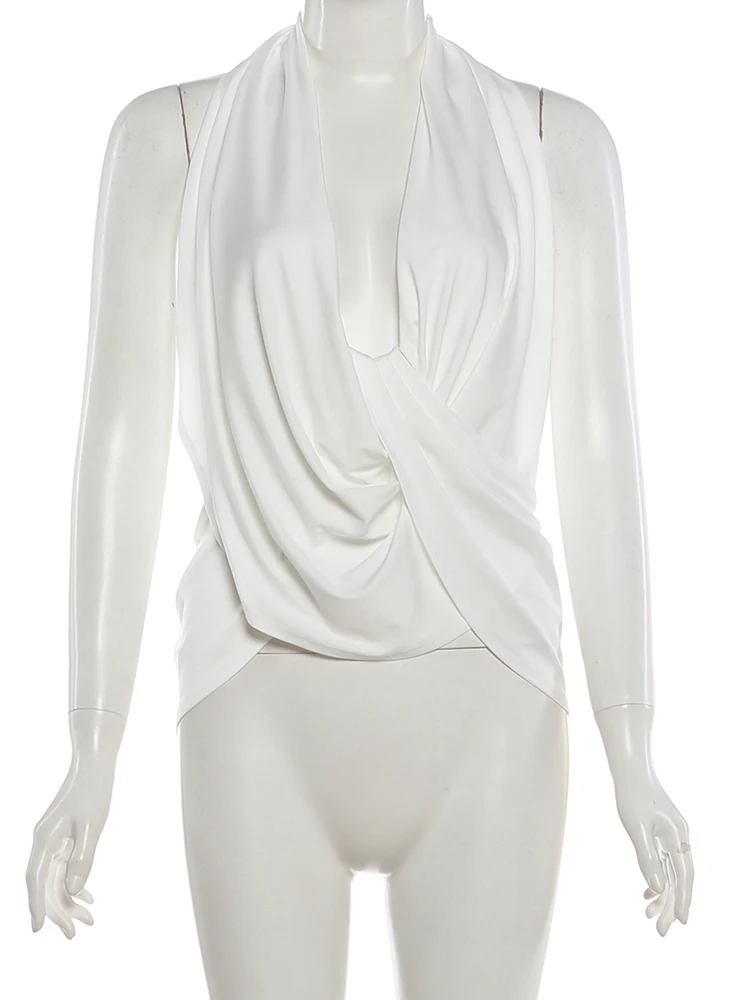 Weird Puss Tanktop mit Kreuzschliff und Neckholder-Ausschnitt für Damen, schlicht, sexy, gerafft, unregelmäßiger Rückenausschnitt, modisch, klassisch, Party, Club, Streetwear – Detail 3