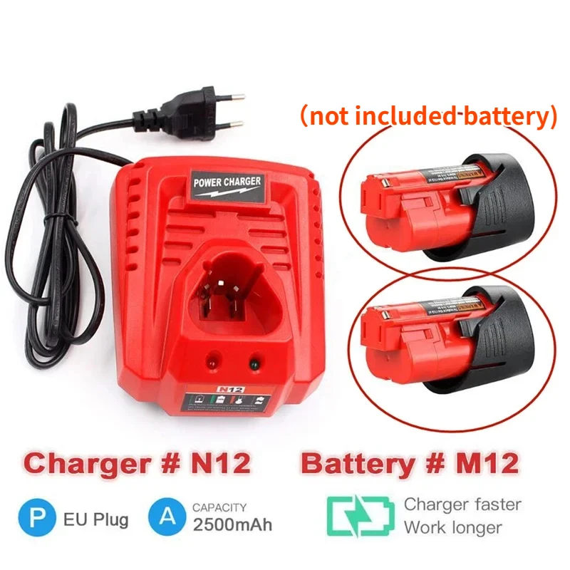 M12 N12 10.8V 12V Li-Ion Replacement Battery Charger For Milwaukee M12 N12 48-59-2401 48-11-2402 Lithium-Ion Battery