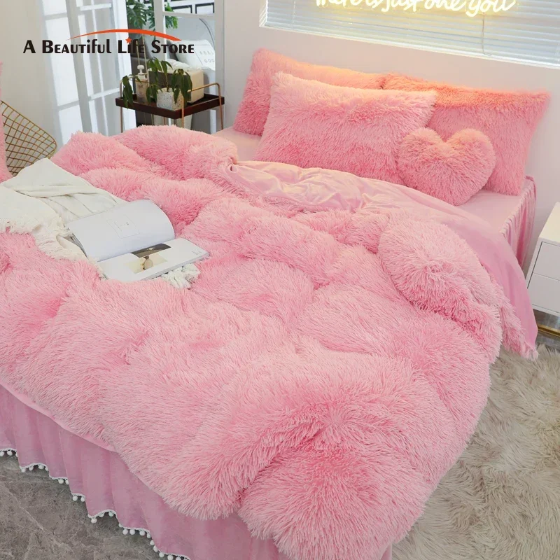 Luxury Pure Color Plush Shaggy Warm Fleece Girl Bedding Set Mink Velvet Double Duvet Cover Set Bed Skirt Pillowcase Home Textile