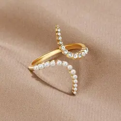ORZTOON Fashion Creative Simple Gold Color Pearl Shiny Zircon Open Ring For Women Birthday Gift Ring For Women Party Jewelry