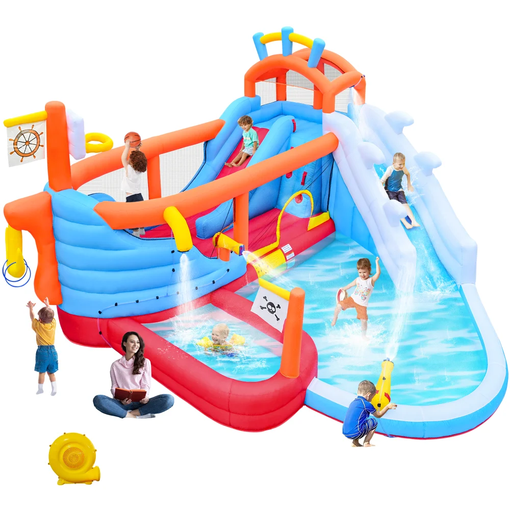 

9 in1 Inflatable Slide Water Park: Jump Area, Dual Slides, Climbing Wall, Hoop, Water Guns & Pools for Kids