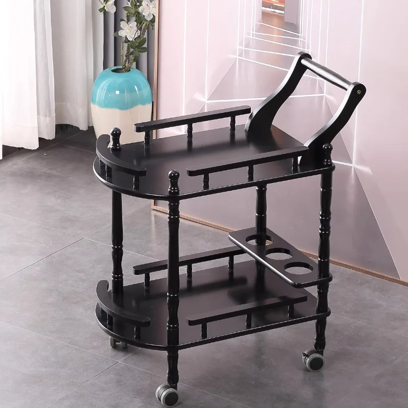 

European hotel restaurant double-layer solid wood dining cart 4S shop tea and wine cart beauty salon trolley mobile side rack