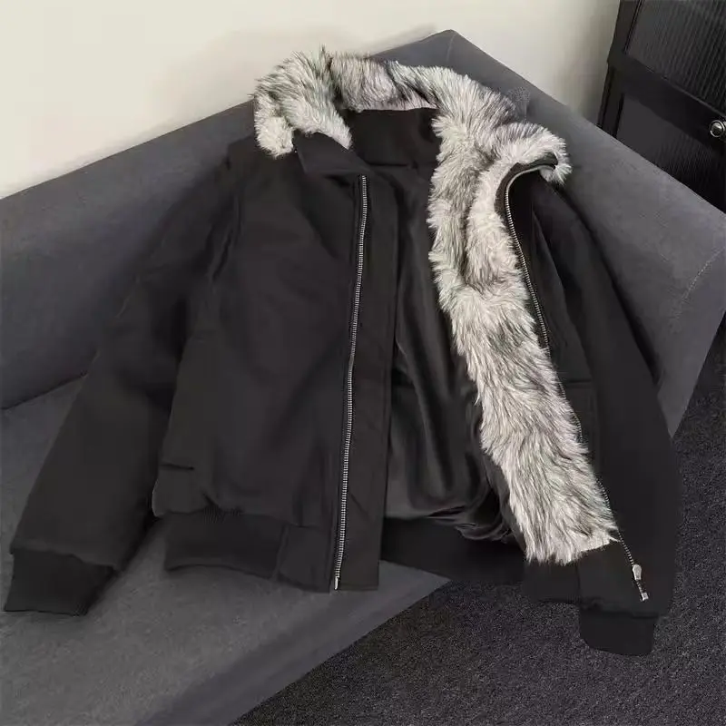 Vintage Winter Fur Collar Cotton Coat Thick Warm High-end Cotton Padded Jacket Streetwear Long Sleeves Short Top Trendy Coats