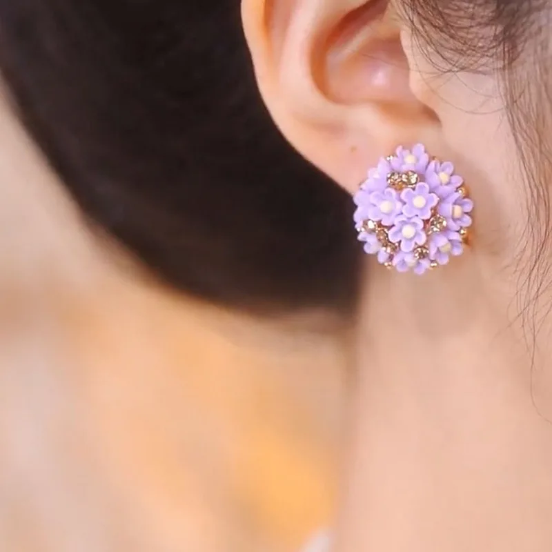 Fresh and Sweet Blossoms Floral Crystal Stud Earrings Purple Color Small Flower Ear Studs Women\'s Fine Jewelry Mother\'s Day Gift