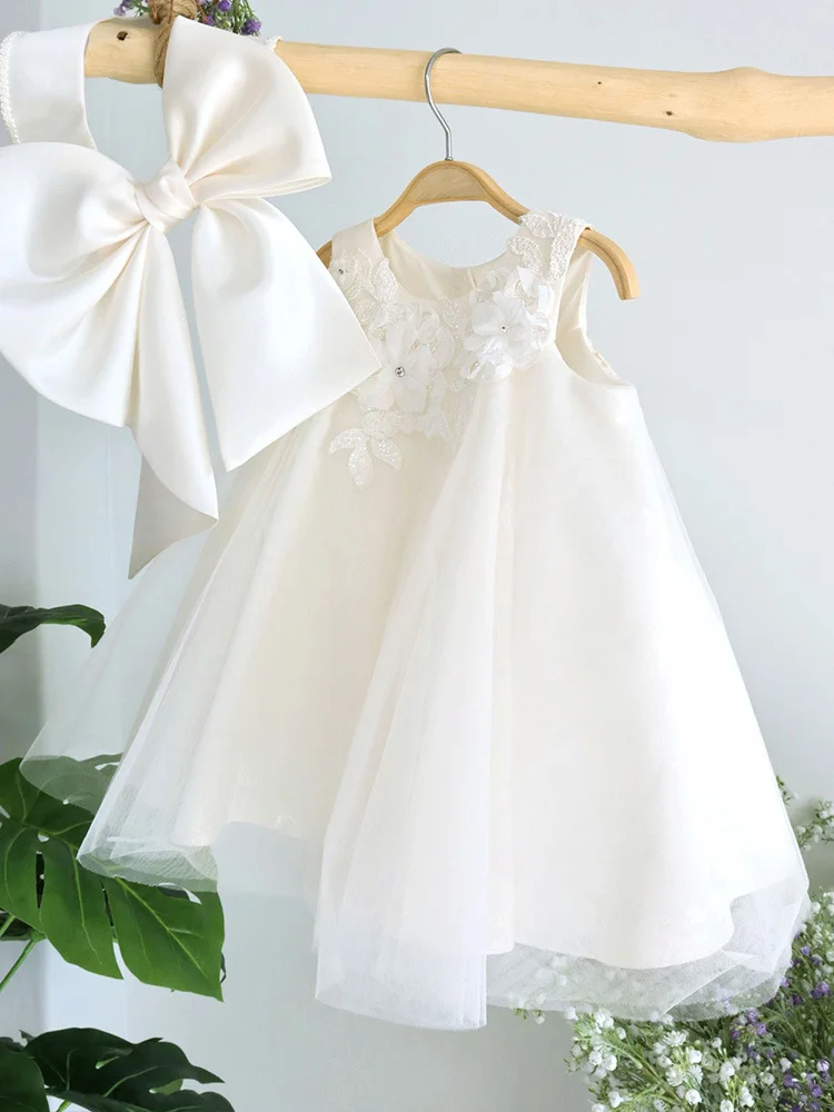 Lovely White Flower Girl Dress Short Sleeve Party Clothing Kids Birthday Gowns Wedding Dresses Princess Banquet Clothing