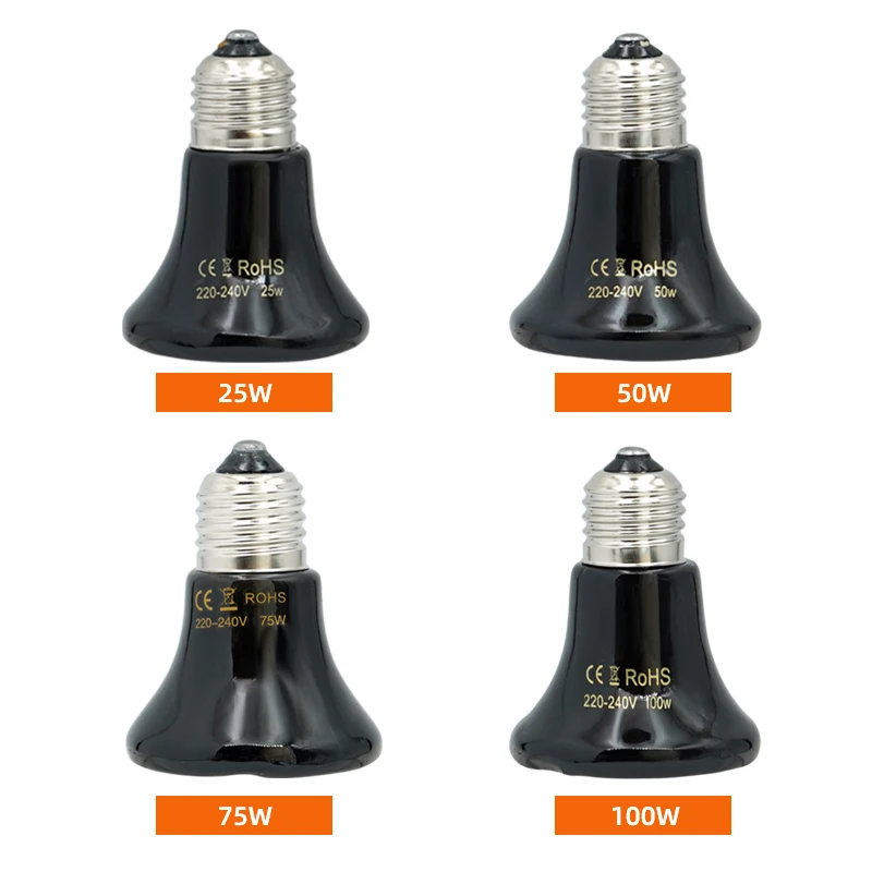 25W 50W 75W 100W Pet Reptile Heating Lamp E27 Mini Conical Ceramic Emitter Heat Bulb Black Pet Brooder Lamp 1Pc