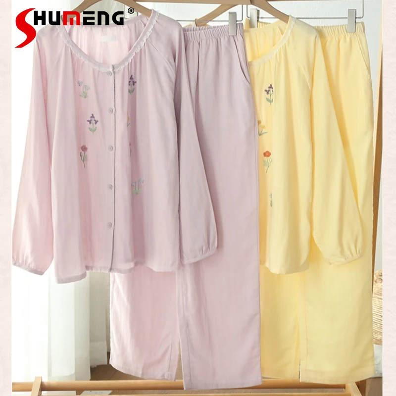 Spring Autumn Sweet Pajamas for Women Pure Cotton Gauze Long Sleeve Air Conditioning Clothes Female Wearable Homewear Set