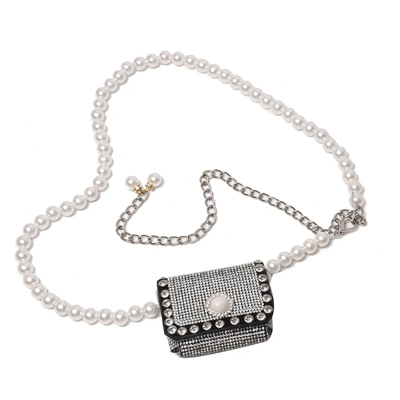 

2024 Fashion Pearl Long Chain Crossbody Coin Bags For Women Luxury Designer Rhinestone Mini Square Bag Vintage Lipstick Pouch