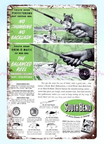 1949 South Bend Fishing Reels Bass Oreno metal tin sign rusty replica home decor