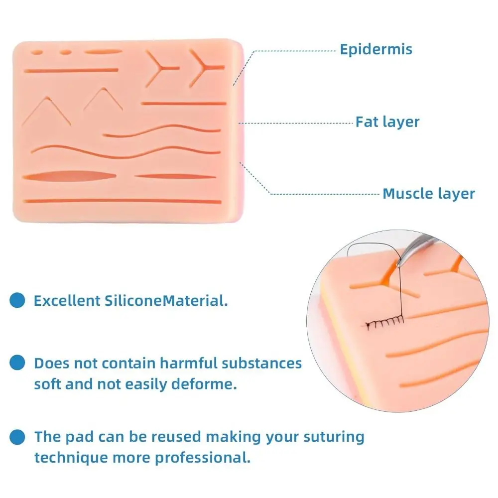 Almofada de prática de sutura de 3 camadas, malha de longa duração, 14 feridas, modelo de pele de treinamento, reutilizável, difícil de rasgar, almofada de pele de silicone, iniciador