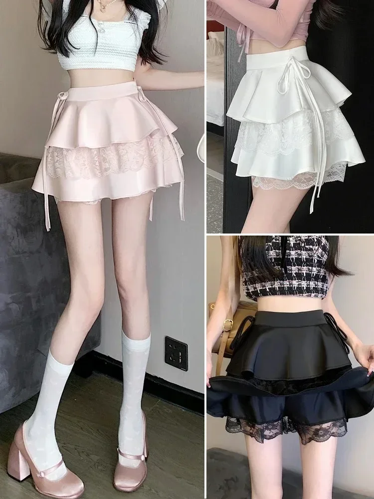 Pink Ruffle Mini Skirt Women Fairycore Lace Double-layer Cute High Waist Bandage Sexy Short Skirt Coquette Lolita