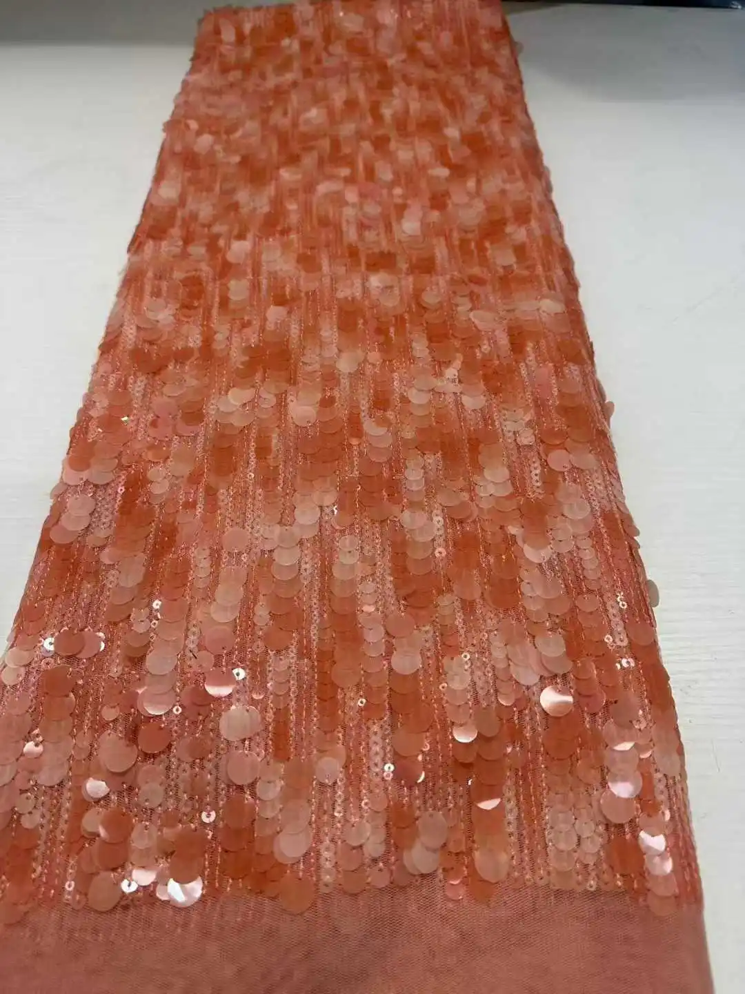 

5 Yards Orange High-Quality African French Lace Fabric Nigerian Sequins Lace for Wedding Party Dresses Sewing