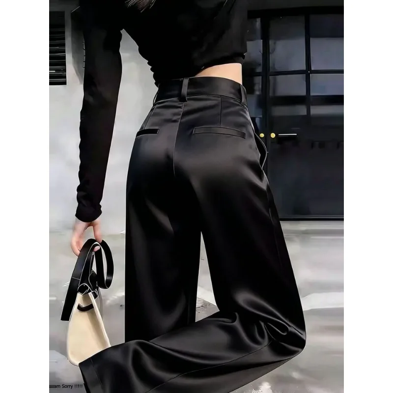 Women High Waist Black Acetate Satin Wide Leg Suit Pants Slim Elegant Casual Trousers Spring Summer