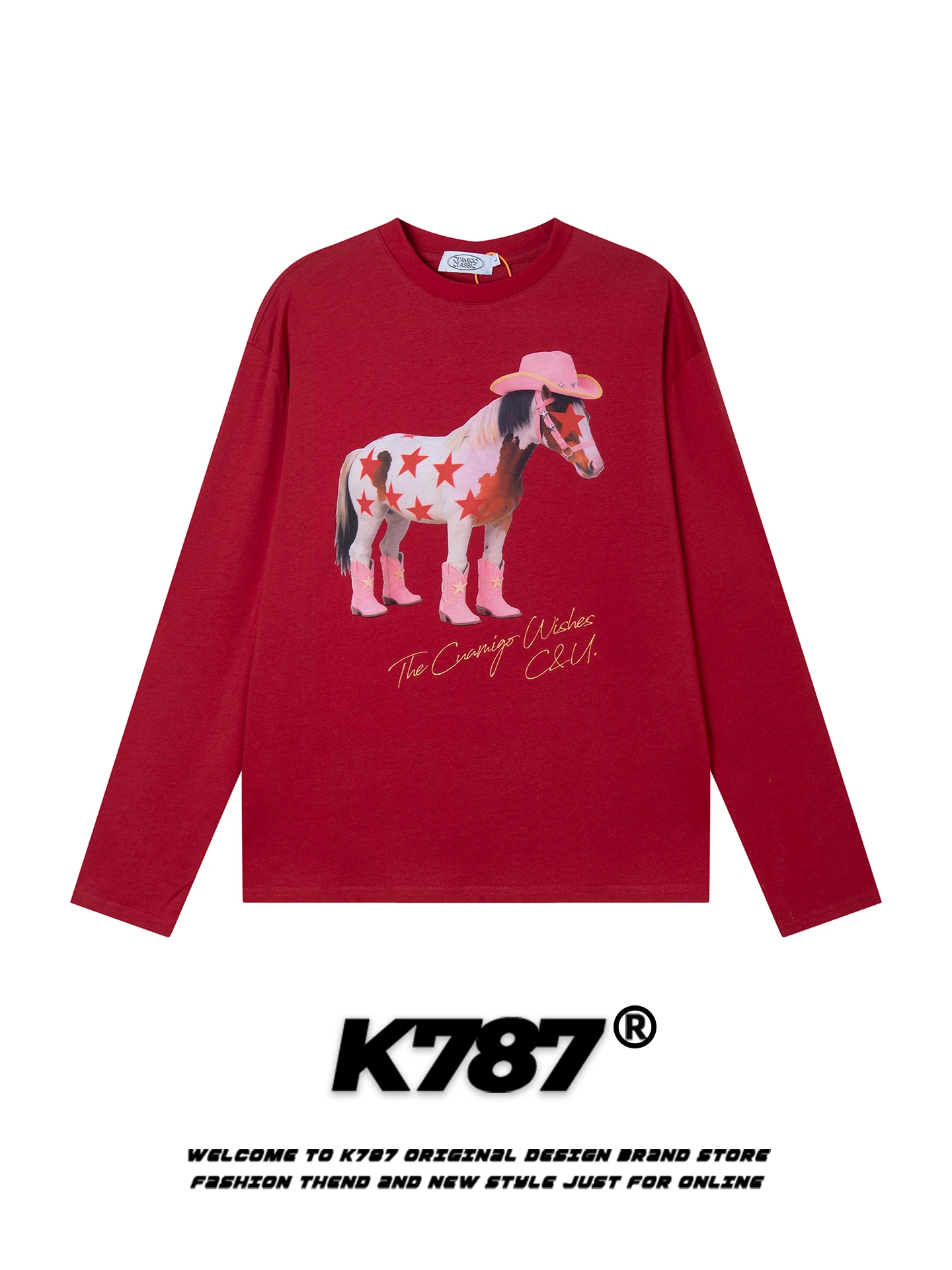 

Футболка K787 в американском ретро-стиле с принтом, круглым вырезом, свободного кроя, красная, на Новый год, модная, хлопковая, с длинным рукавом