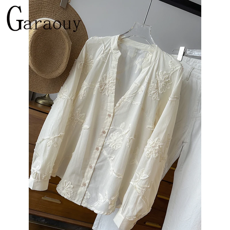 Garaouy 2024 Summer Shirts And Blouses Flower Decoration Long Sleeve Top Women Button Up Blouse Streetwear Shirt Top