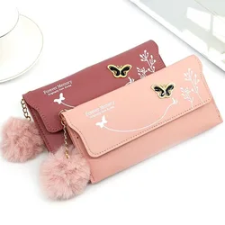 Butterfly Designer Women Long Wallets PU Leather Money Bag Solid Wool Ball Bow Clutch Bag Large Capacity Card Bag Coin Purse