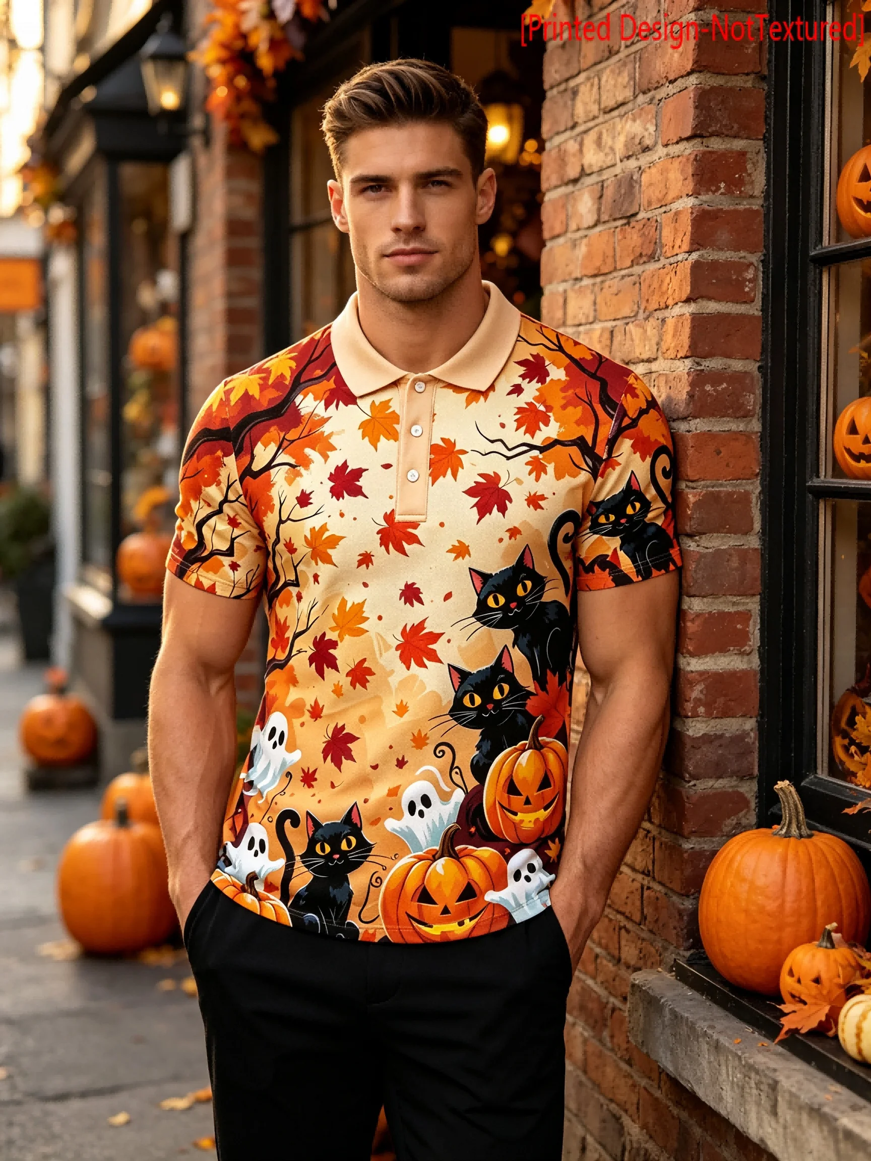 2026 New Men's Polo Halloween Pumpkin Full Print Turn-Down Collar Short Sleeve Top Casual Streetwear Beach Vacation Men Apparel