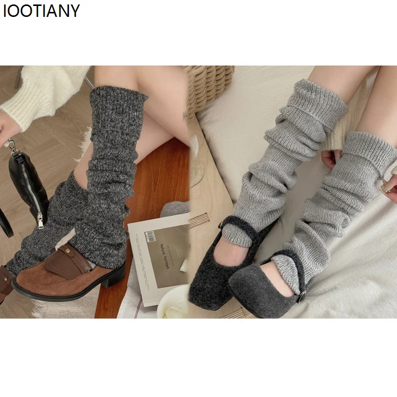 

Autumn And Winter Warm Leg Covers Vertical Stripes Solid Color Knitted Fleece Socks Japanese Style Gray Socks Knitted Pile Socks