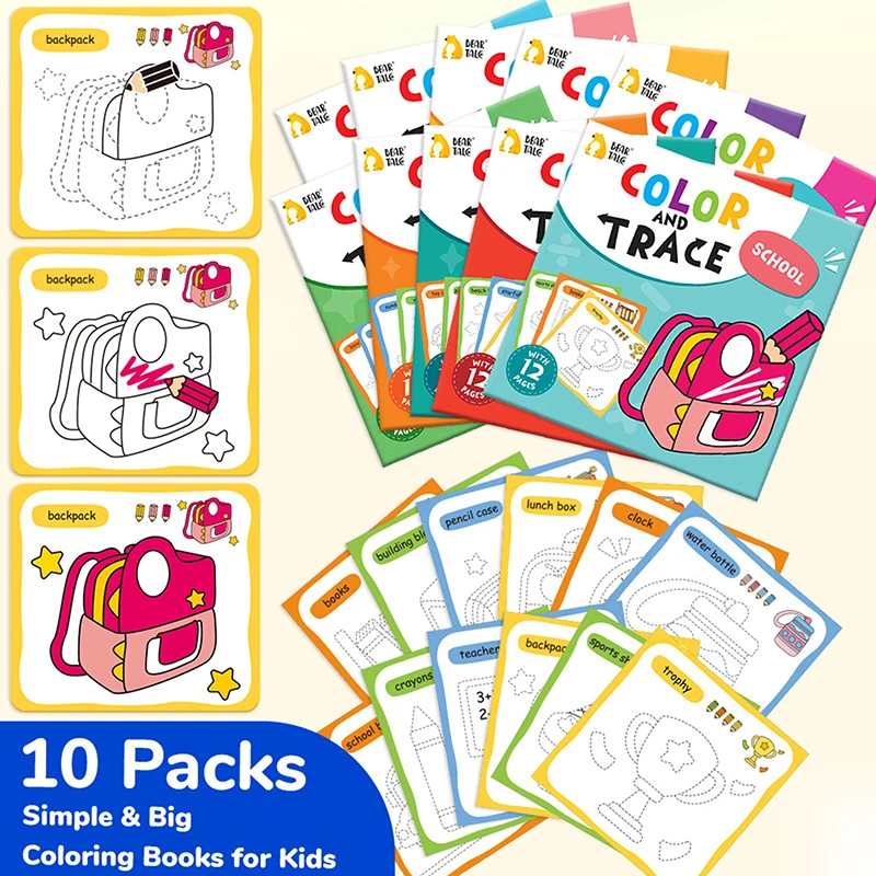 10 Book Set, Children's Coloring Book To Enhance Cognitive Thinking, Including 10 Cartoon Themes For Boys And Girls