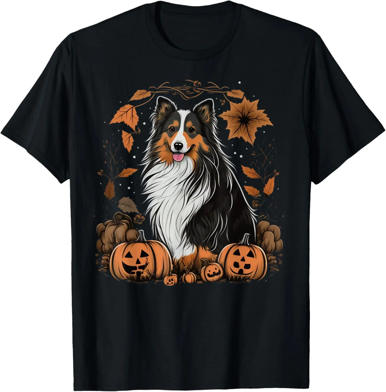 

Pumpkin Shetland Sheepdog costume on Sheltie Halloween T-Shirt