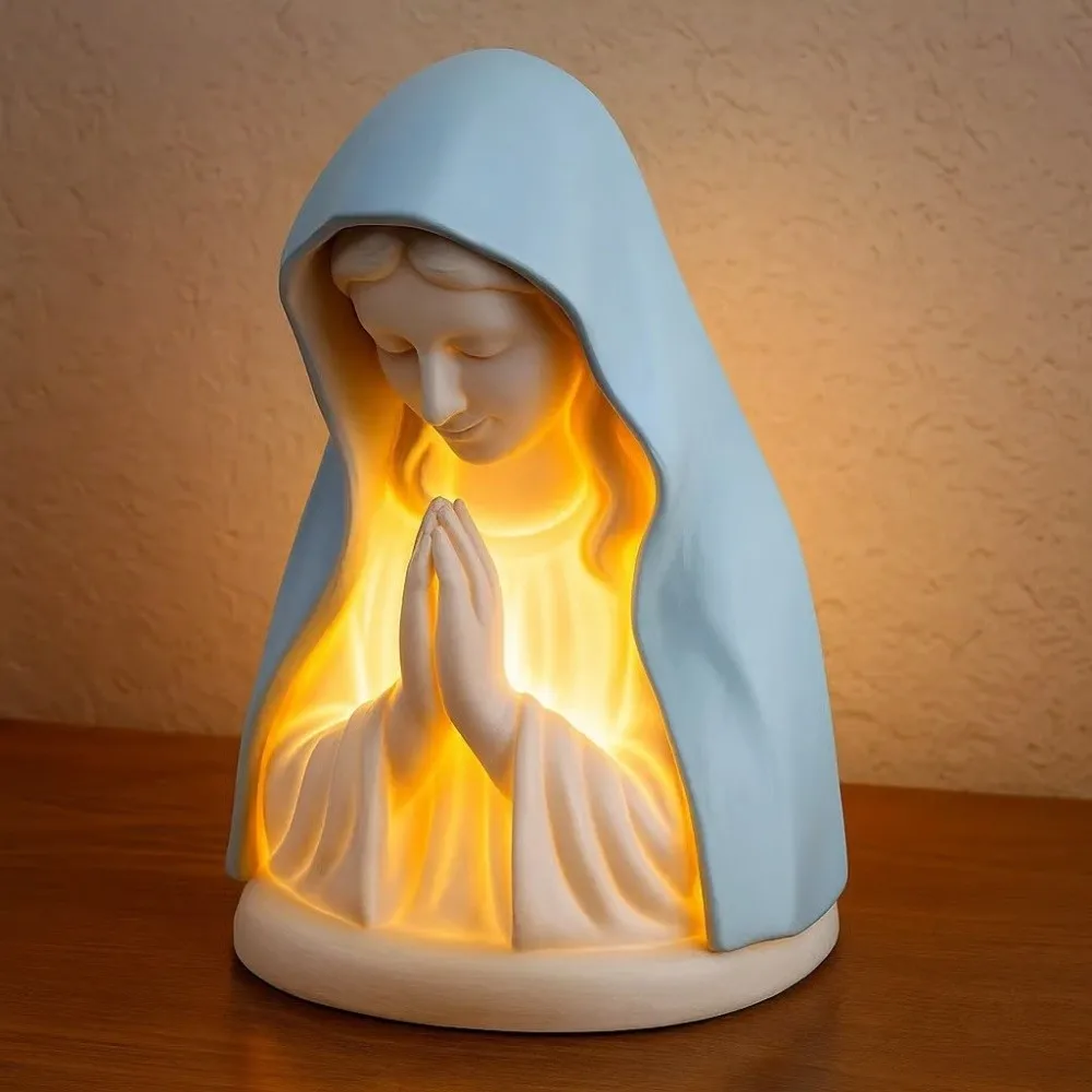 Lampe de Nuit LED Artisanale en Résine Élégante, Protection Douce pour les Yeux, Motif Vierge Marie, Lampe de Table Dévotionnelle