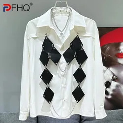 PFHQ Men's Korean Version Shirts Personalized Splicing Function Handsome Streetwear Niche Lapel Male Summer Chain Tops 21Z4369