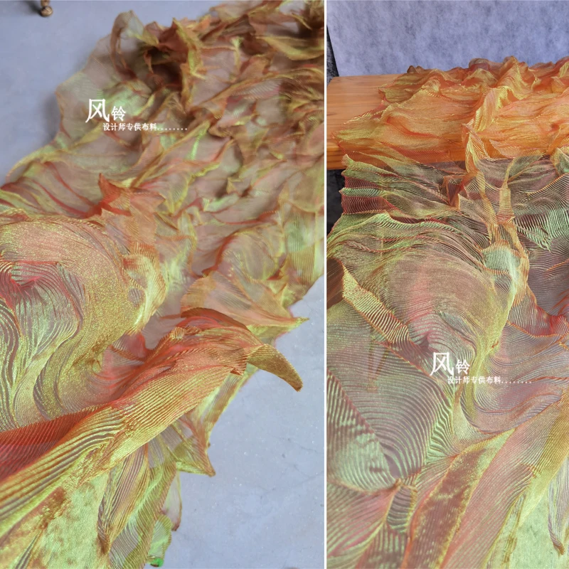 

Transparent Pleated Tulle Fabric Gold Green Gradient Creative Folds DIY Backgound Party Decor Skirts Dress Cloth Design Fabric