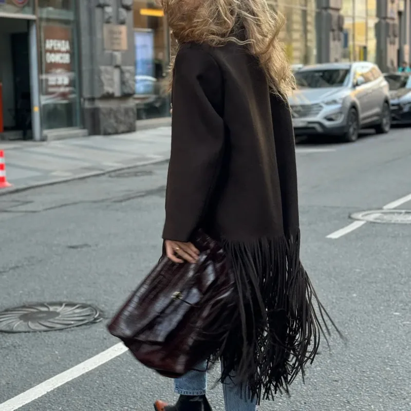 EAEOVNI Cappotto lungo in lana con nappa vintage per donna Design alla moda Giacca in tinta unita con bottone singolo Office Lady Autunno Inverno 1A282