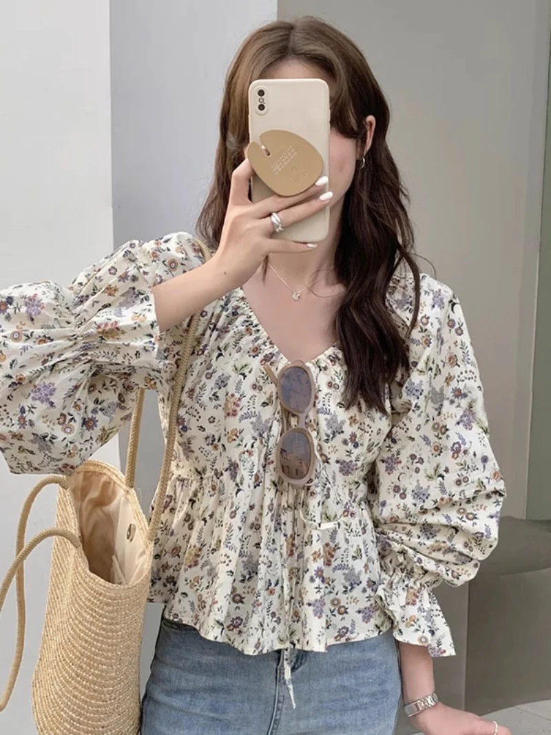 Top F Floral de Um Ombro com Cordão e Manga Longa, Design Curto, Estilo Coreano, Ajuste Solto e E para a Primavera