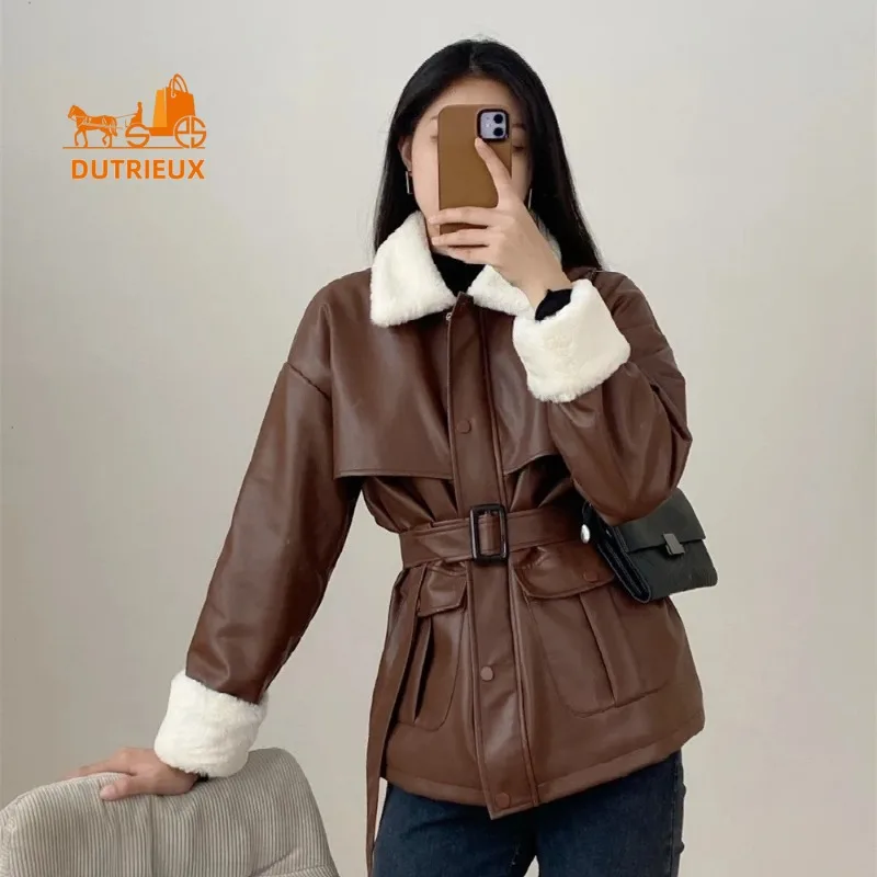 New Winter Down Jacket for Women, Medium and Long Lamb Wool Lapel Genuine Leather Down Jacket, 90% White Goose Down Belt Coat