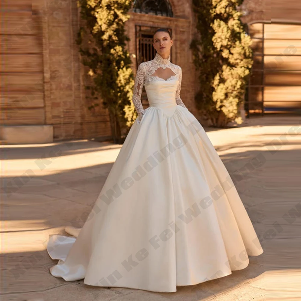 Gorgeous Women's Ivory Bridal Dress Satin Detachable Shawl Two Piece Set A-line Princess Ball Wedding Dress Customized Bride Dre