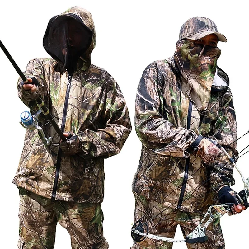 Spring Autumn Anti-Mosquito Wearable Jungle Camo Suit Maple Leaves Bionic Camouflage Hunting Fishing Suit CS Hooded Jacket Pants