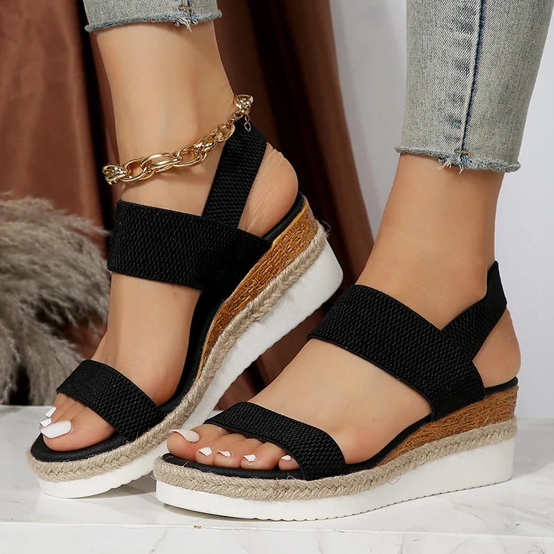 Stretch Fabric Knitted Wedge Sandals Women Back Elastic Band Platform Sandles Woman Super Size Summer Thick Sole Beach Sandalias