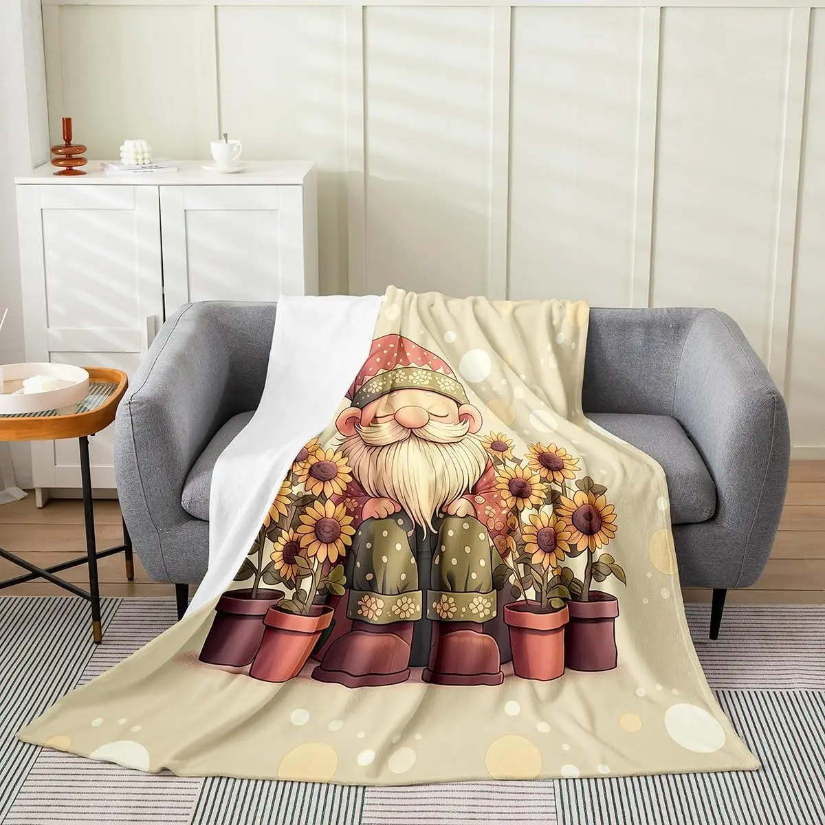 

Gnome Sunflower Fleece Throw Blanket Queen Inch Dwarf Polka Dots Flannel Blanket for Men Women Cute Cartoon Yellow Farmhouse