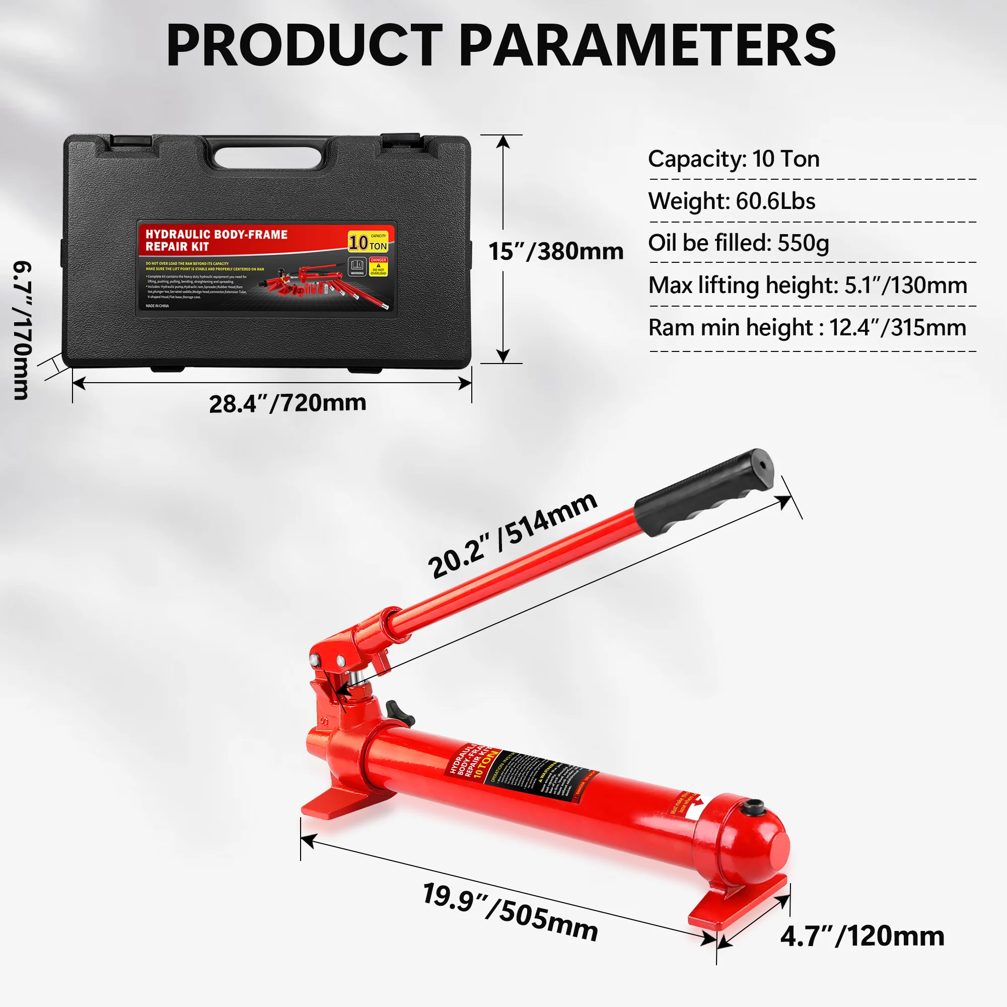 10 T Porta Power Kit Oil Hose Hydraulic Car Jack Ram Autobody Frame Repair Power Tools for Load handler Truck Bed Unloader Farm