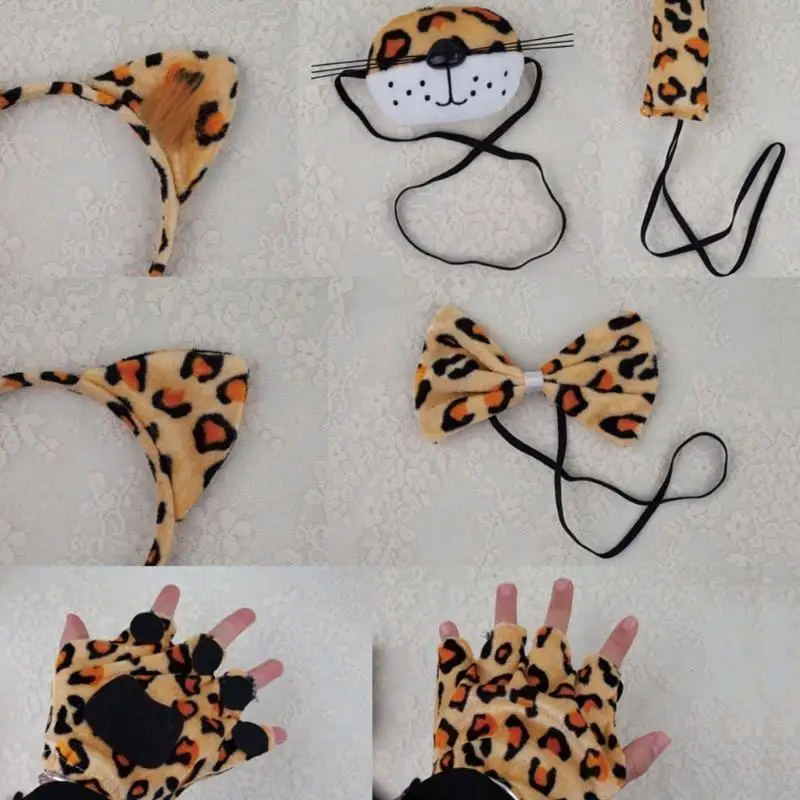

B95F Leopard Costumes Leopard Ear Headbands Tail Bows Nose Glove for Halloween Party
