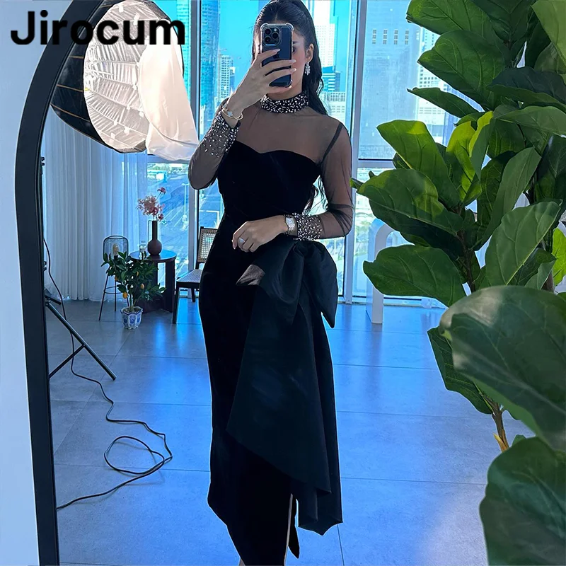 

Jirocum Black High Neck Prom Dress Women Beaded Long Sleeve Bow Party Evening Gown Velvet Ankle customized Formal Occasion Gowns