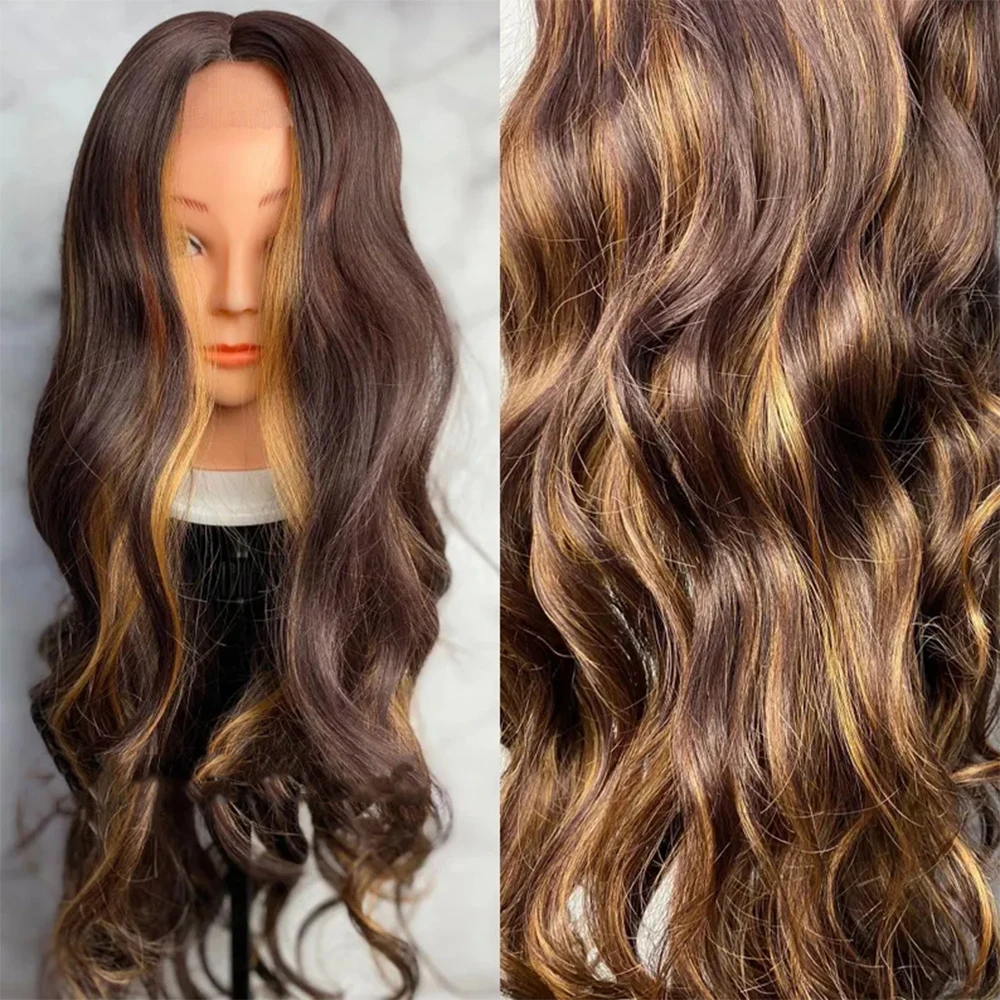 

Dark Chocolate Brown Hair with Blonde Highlights Wig 10% Human Hair Synthetic Wigs 26 inches Long Wavy Women Hair Loss Wear&Go