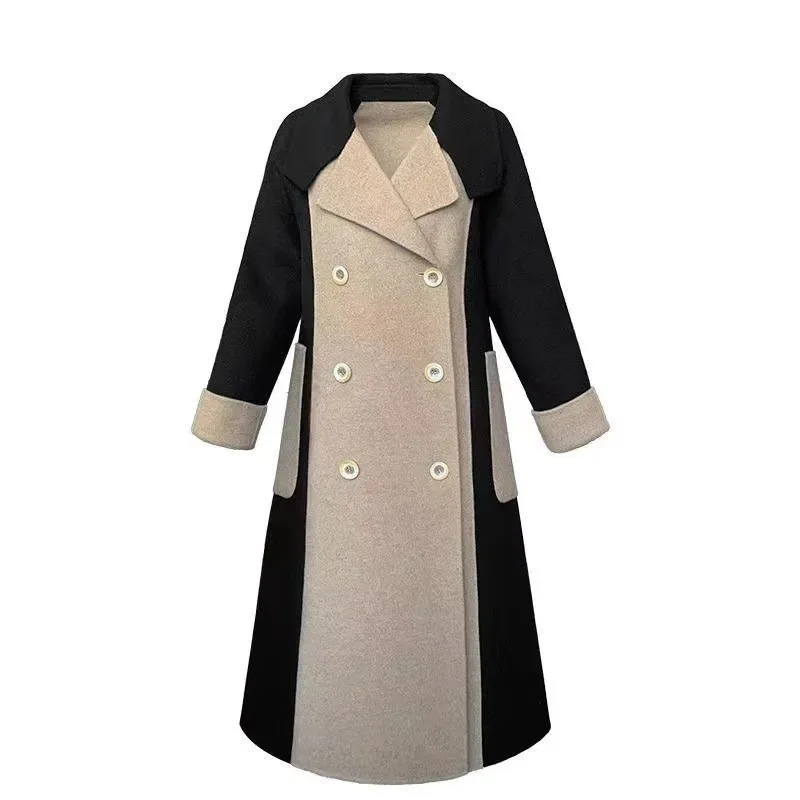 Losse Overjas Halflange Stijl Contrasterende Kleur Stijl Elegant Temperament Riem Overjas 2024 Herfst Winter Nieuwe Dameskleding