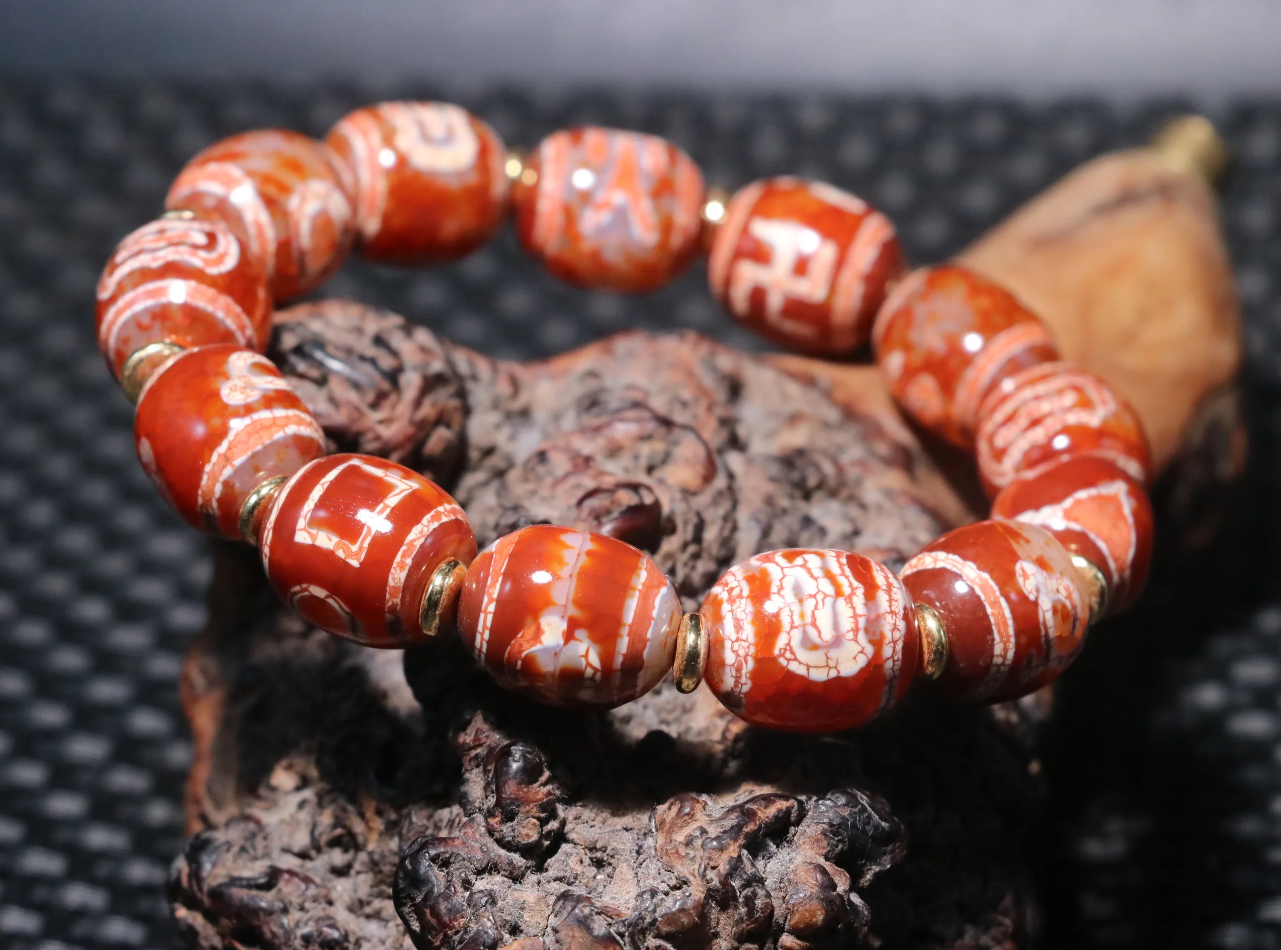 Magic Energy Tibetan Old Agate Full Dragon Vein Red Color Multiple Symbols dZi Bead Elegant Manner Bracelet Amulet  Timestown