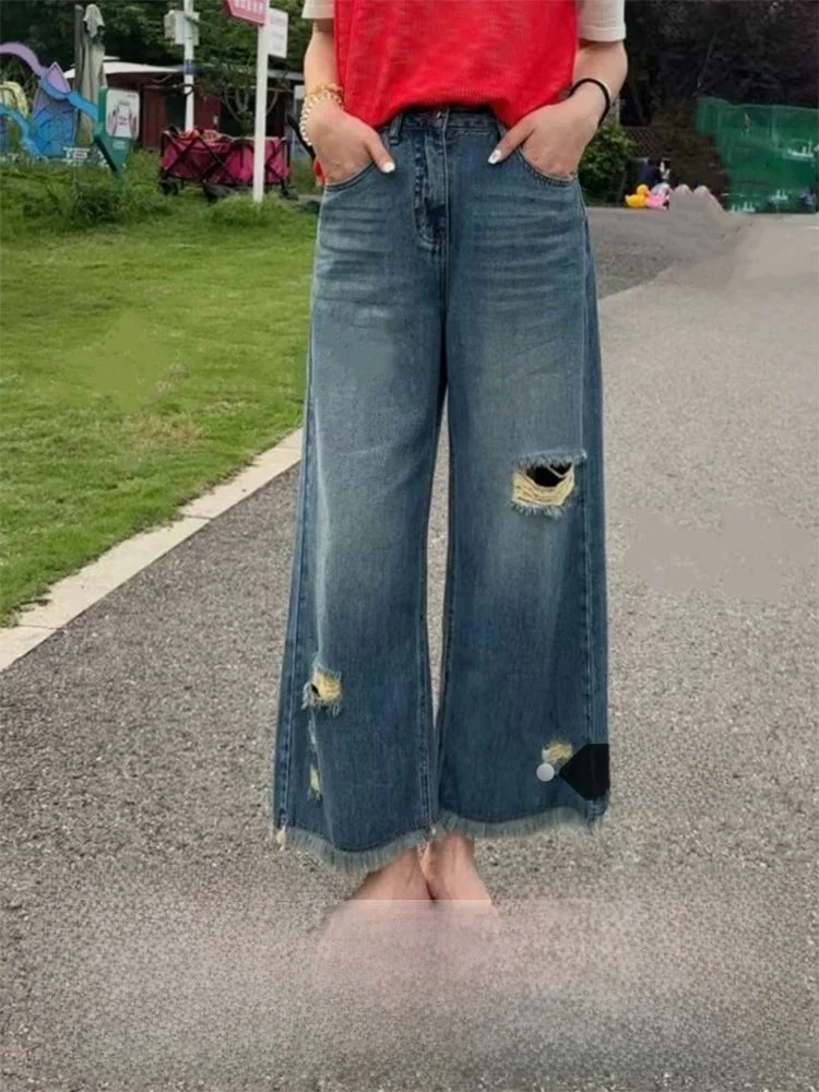 

Slim Fit Skinny Denim Jeans for plus Size Women Summer New Style Low Waist Torn Hole Wide Leg Pants American Style Pure Color
