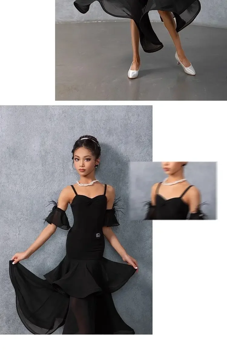 Neues 3-teiliges Latein-Modern-Tanzkostüm-Set für Mädchen, doppellagiger, weit ausgestellter Rock, Bühnenoutfit für Ballsaal-Aufführungen – Detail 6