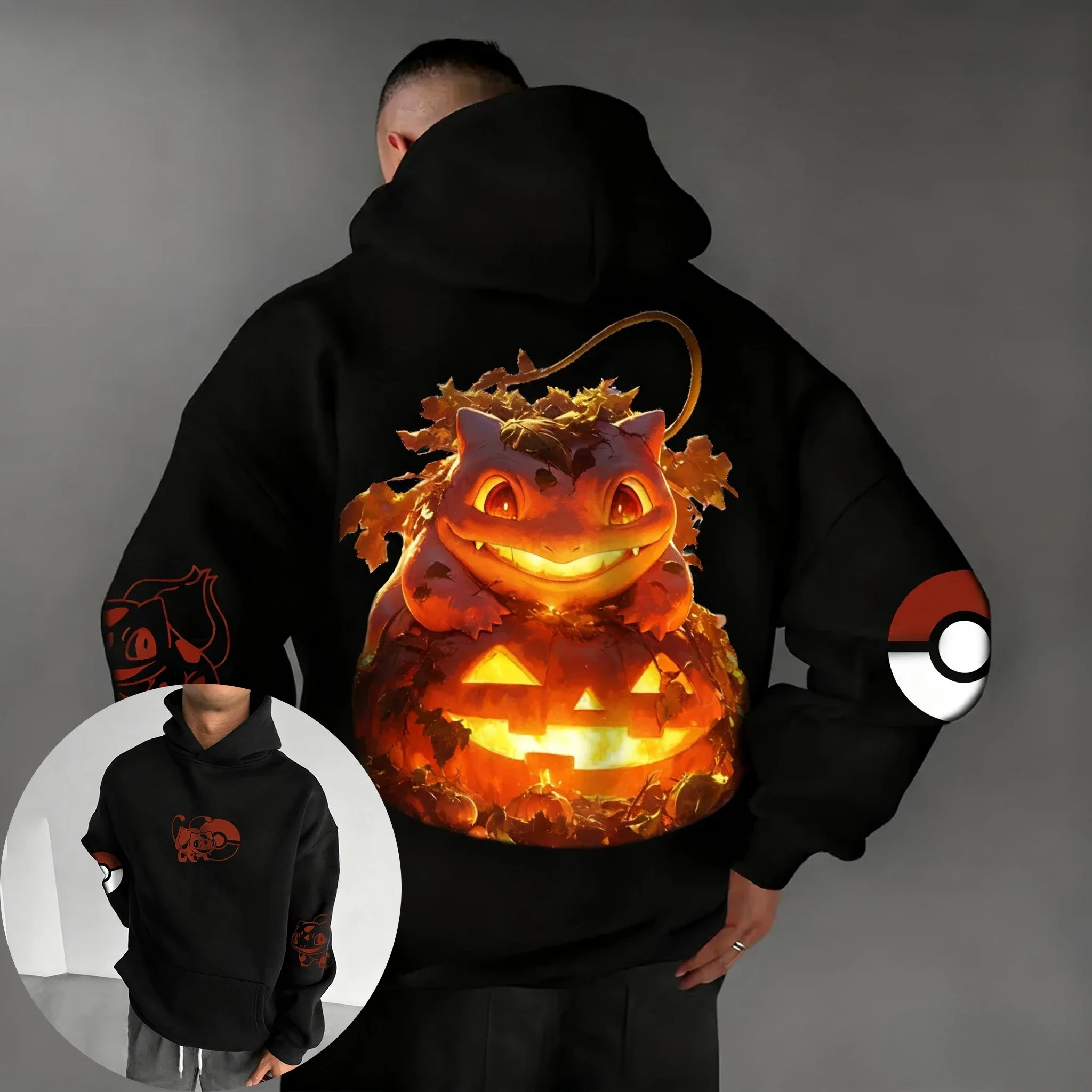 Hoodie Anime Pokémon Halloween 2025 Pria Musim Gugur/Dingin Baru Bermotif Kasual Hip Hop Ukuran Besar Longgar Sweater Atasan Orang Tua Anak
