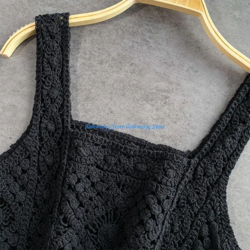 573B Women Crochet Sleeveless Crop for Tank Top Ethnic Hollow Out Knit Rhombus Plaid Sweater Cami Vest Square Neck Waist