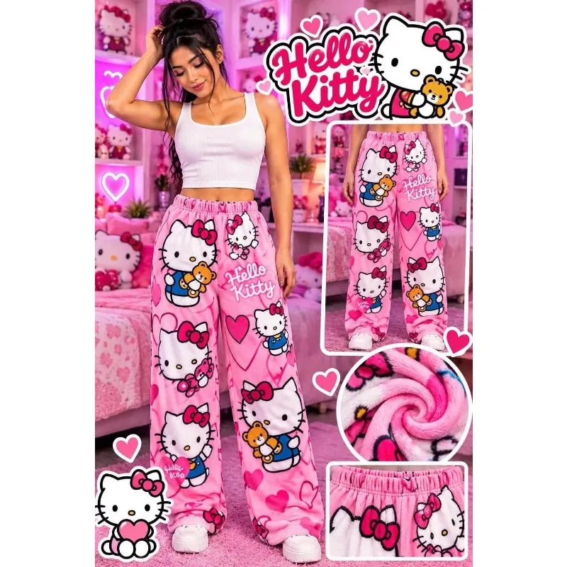 Women Hello Kitty Teddy Bear Flannel Wide Leg Sleep Pants Soft Fuzzy Plush Trousers Cute Cartoon Loungewear Gift for Girls Fans