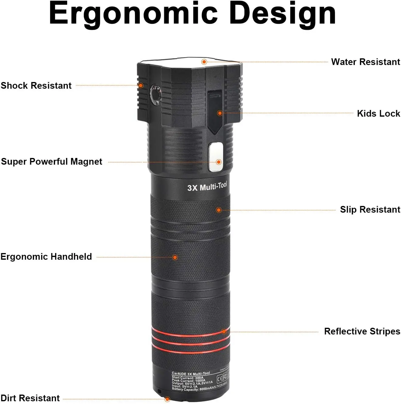 Arrancador de salto súper seguro 12V 1000A, herramientas de emergencia 18 en 1 con interruptor de ventana, cortador de cinturón de seguridad, Flash SOS