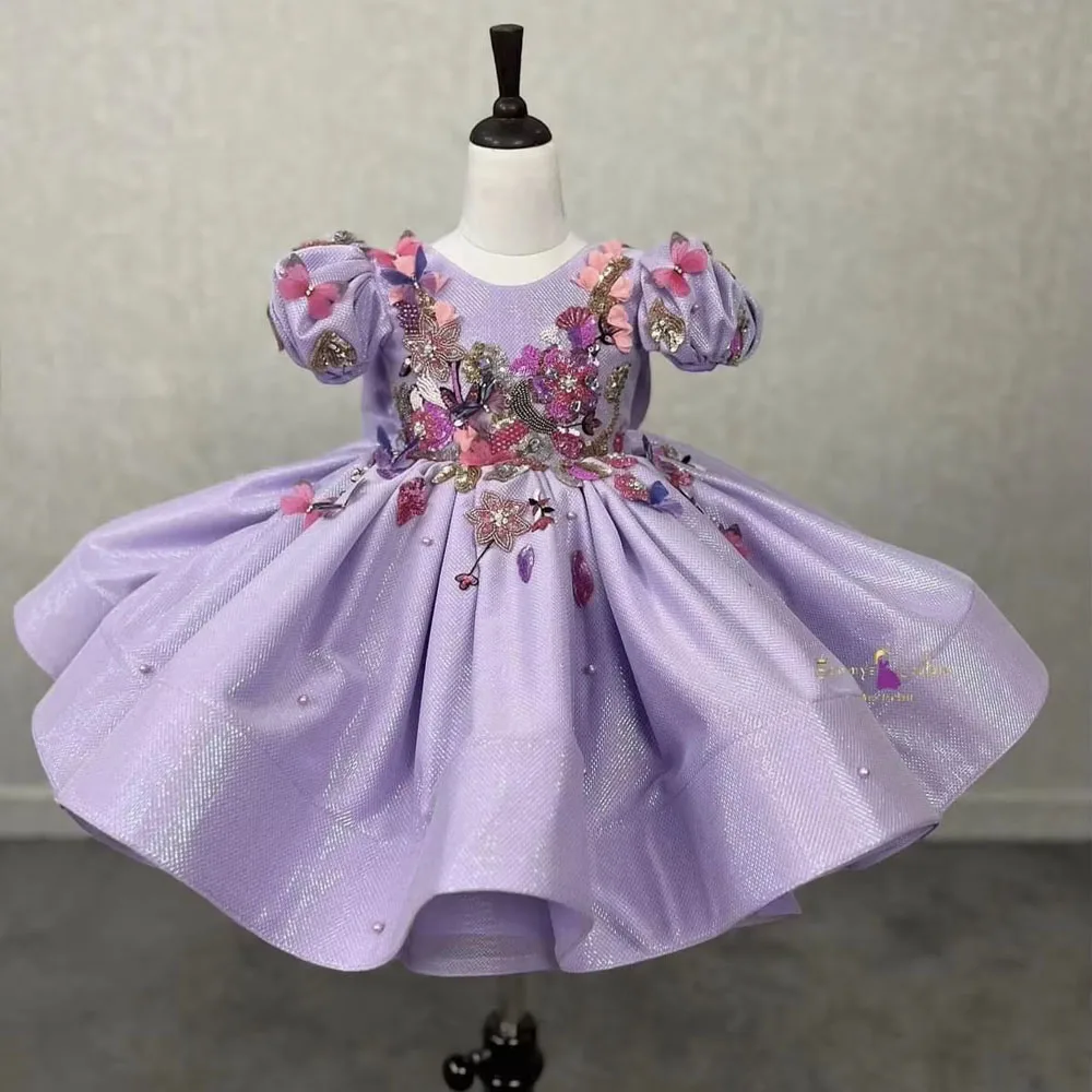 Lilac Flower Girl Dresses for Wedding With 3D Butterfly Pearls Appliques Sequins  Kids Birthday Dresses First Communion Gown