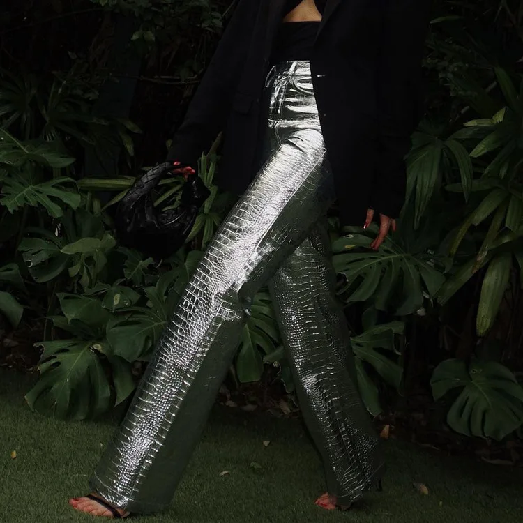New Silver Leather Pants with Fashionable Scale Pattern, High Waisted Long Straight Leg Pants for Women